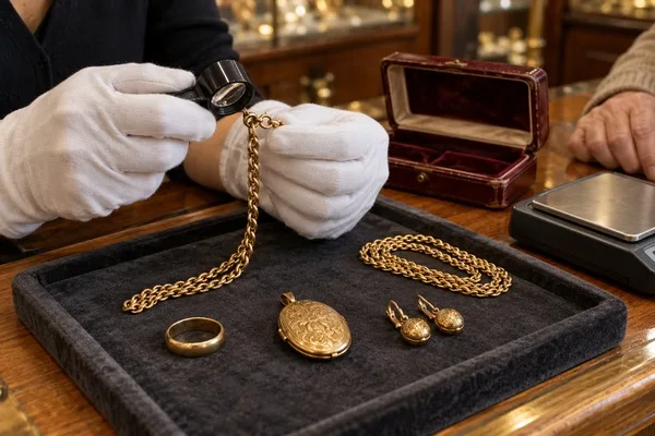 Jewelry buyer examines a gold chain clasp with a loupe beside inherited rings, earrings, and a vintage locket.
